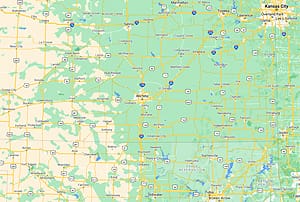 Mapa de carreteras de los estados de Kansas y Oklahoma
