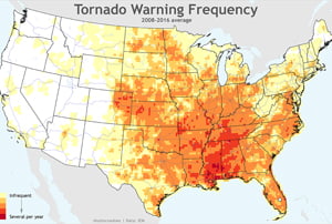 Mapa de la distribución de tornados en Estados Unidos