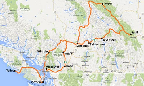 El mapa de nuestro itinerario en moto por Canadá