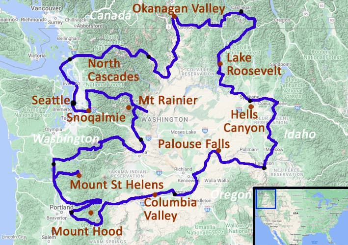 El mapa del motoviaje por los el oeste de Estados Unidos y Canadá