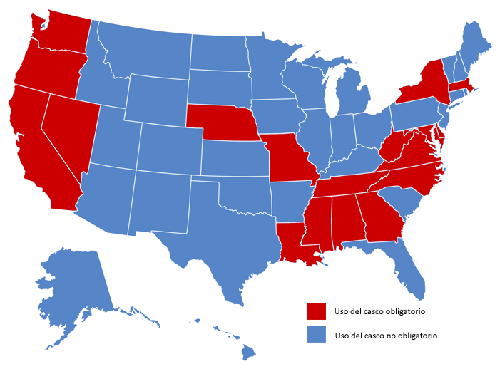 Mapa de la obligación de ver casco en los Estados Unidos