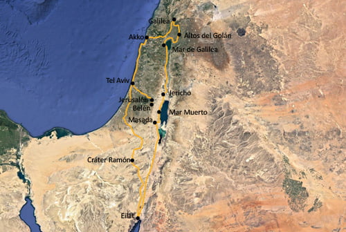 El mapa de nuestra ruta por Israel y Palestina en Moto