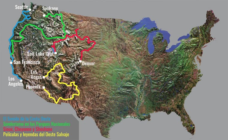 El mapa de las rutas temáticas por los Estados Unidos